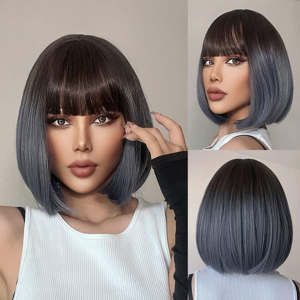 Wig European American Women's Fashionable Synthetic Head Cover Purple Gradient Color Bangs Short Straight Hair Wavy Inner Buckle