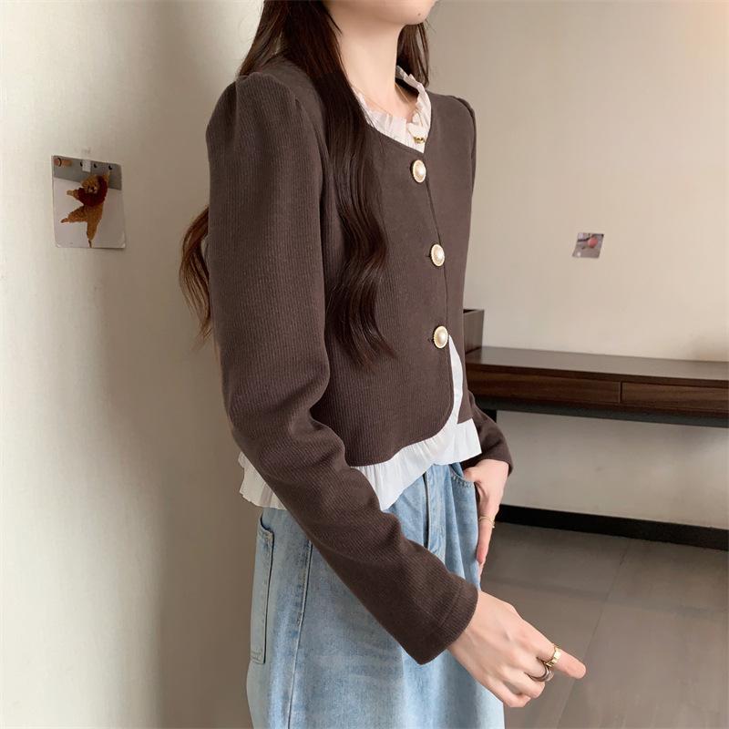 Spring and Autumn Women's Temperament Pure Color Ruffle Splicing Long Sleeve Jacket