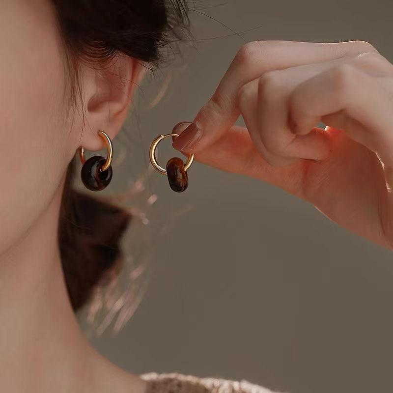 18k Gold-Plated Stainless Steel Hoops with Natural Agate, Amber, and Tiger Eye Earrings