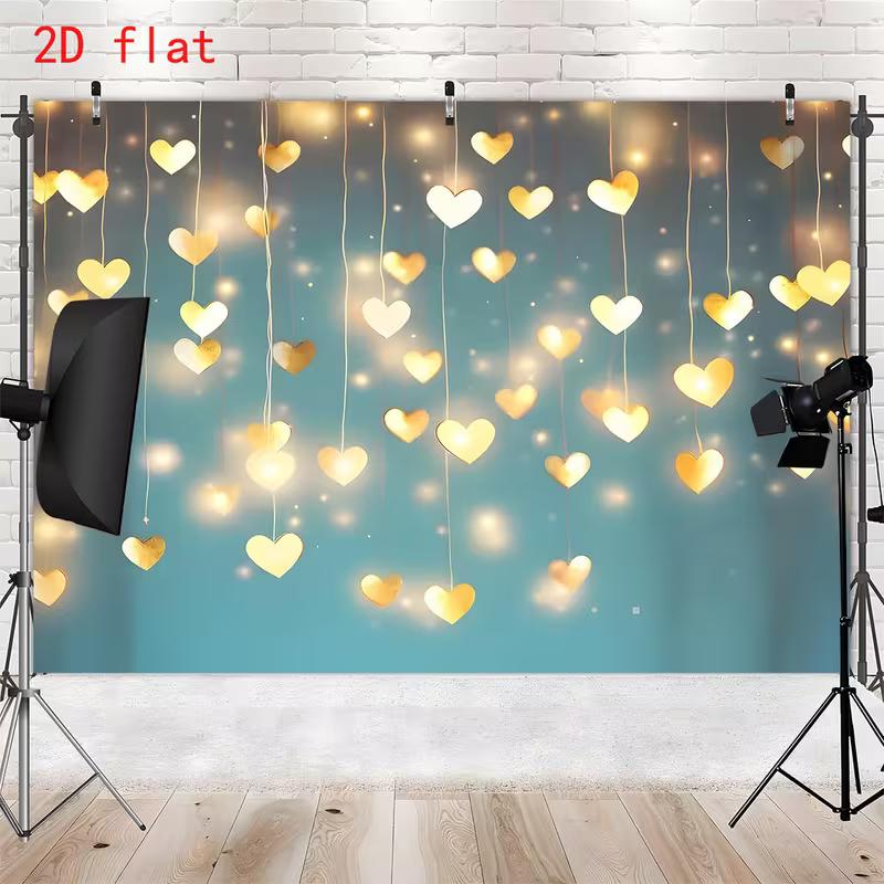 Teal Romantic 2D Backdrop, Golden Heart Lights Photo Background