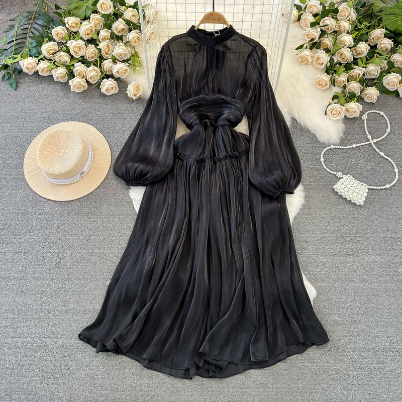 

Ruched K-style Lantern Stand-up Collar Cinched Dress Sequin Black L