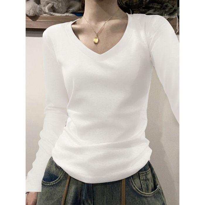 

Женская футболка с U-образным вырезом, длинным рукавом и облегающего кроя в американском стиле для осени и зимы Small