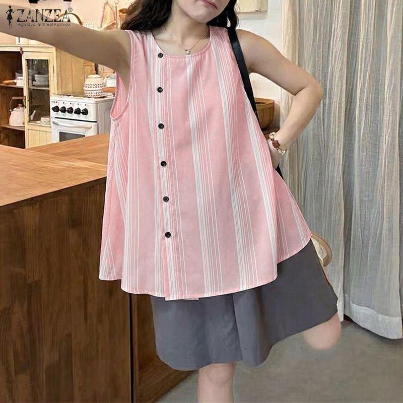 ZANZEA Women Casual Round Neck Loose Stripe Sleeveless Tank Tops