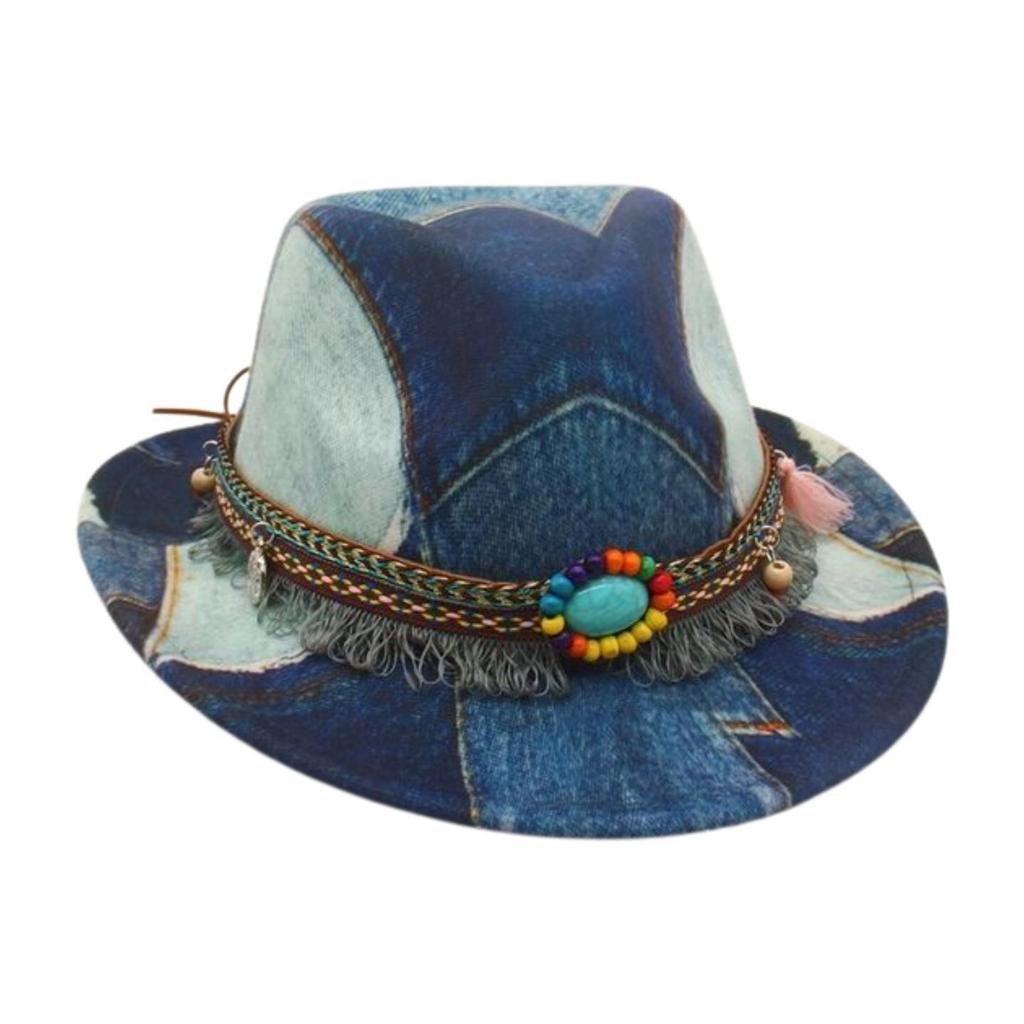 Premium Jazz Hat Vacation Ethnic Style Top Hat Children'S Accessories Retro Western Denim Splicing Top Hat