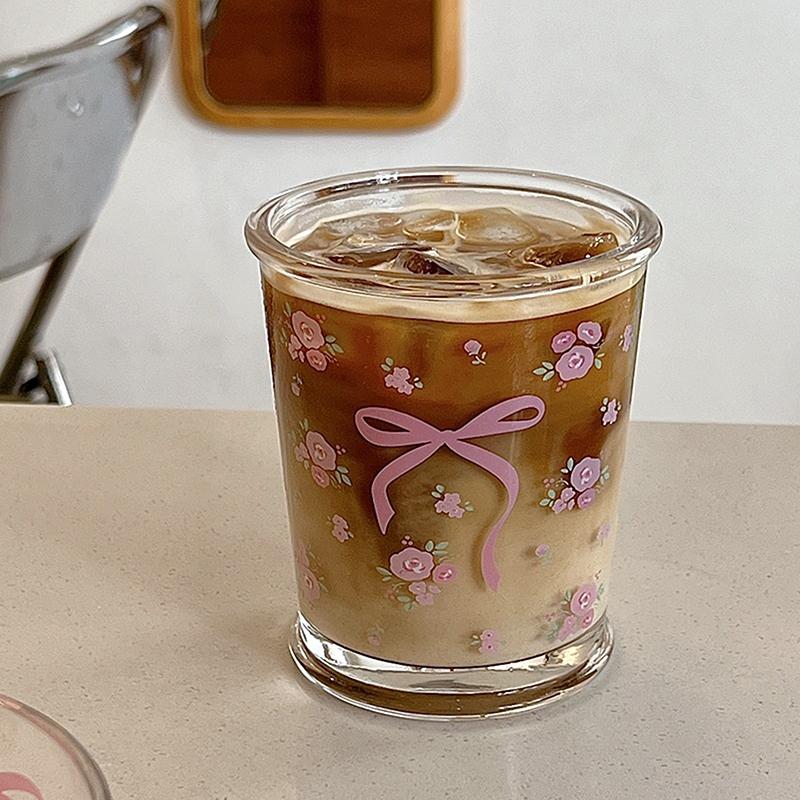Original French Rose Glass Cup, Bow Knot, Fragmented Flowers Cold Extract Cup, Girl Milk Cup, Coffee Breakfast Cup
