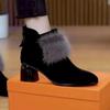 Soft Matte Small Short Boots Round Head Middle Heel Velvet Low-top Autumn and Winter Wool Cotton Boots Temperament Wool Low-heeled Shoes Women