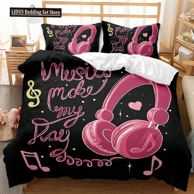Headphones Duvet Cover Set Rock Music Melody Note Comforter Cover Pink Headset Polyester Bedding Set For Kid Boy Girl King Size