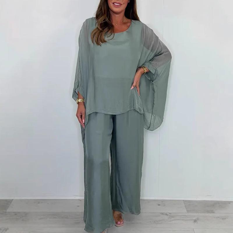 Women's Loose Fit Light Green Casual Set with Sheer Sleeve and Wide Leg Pants