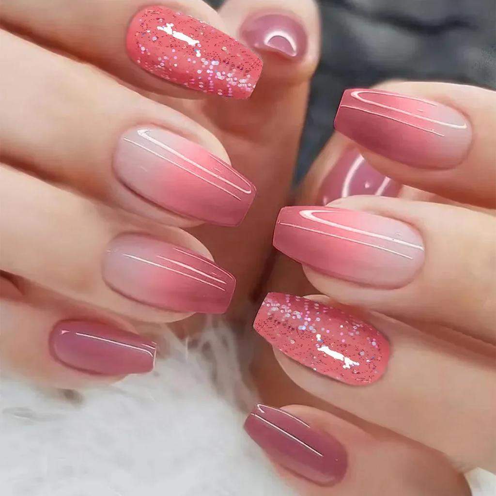 24Pcs Long Coffin False Nails with Love Rhinestone Design Pink French Ballet Fake Nails Manicure Tips Wearable Press on Nails