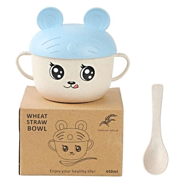 Lala KiDs Baby Straw Cup with Spoon 450ml Blue Bear Design Wheat Straw Eco-Friendly BPA-Free Durable Sterilizable