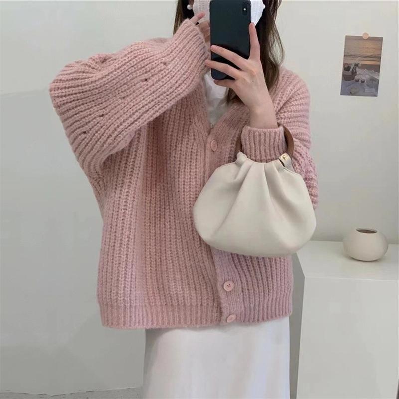 Frühling Herbst Winter Locker Rosa Schlankmachend Dicke Nadelstrickjacke Übergröße Damen Langarm Pullover Mantel