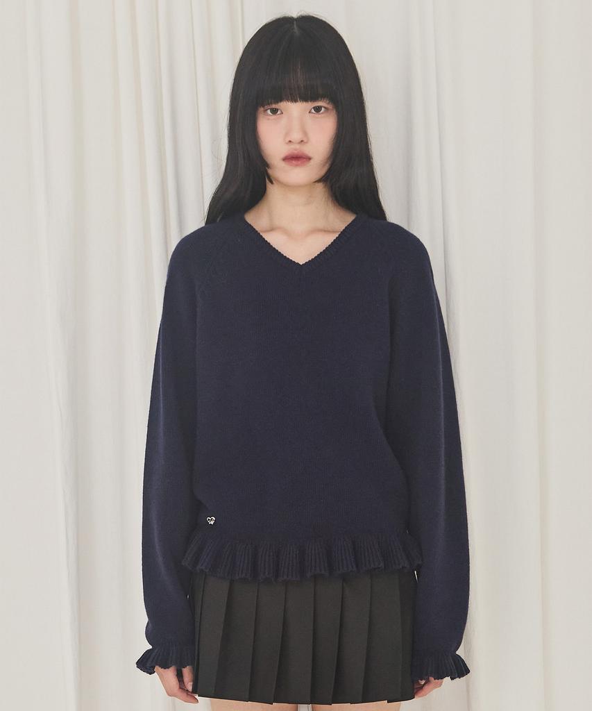 Alkialka V-Neck Frill Knit (Navy)