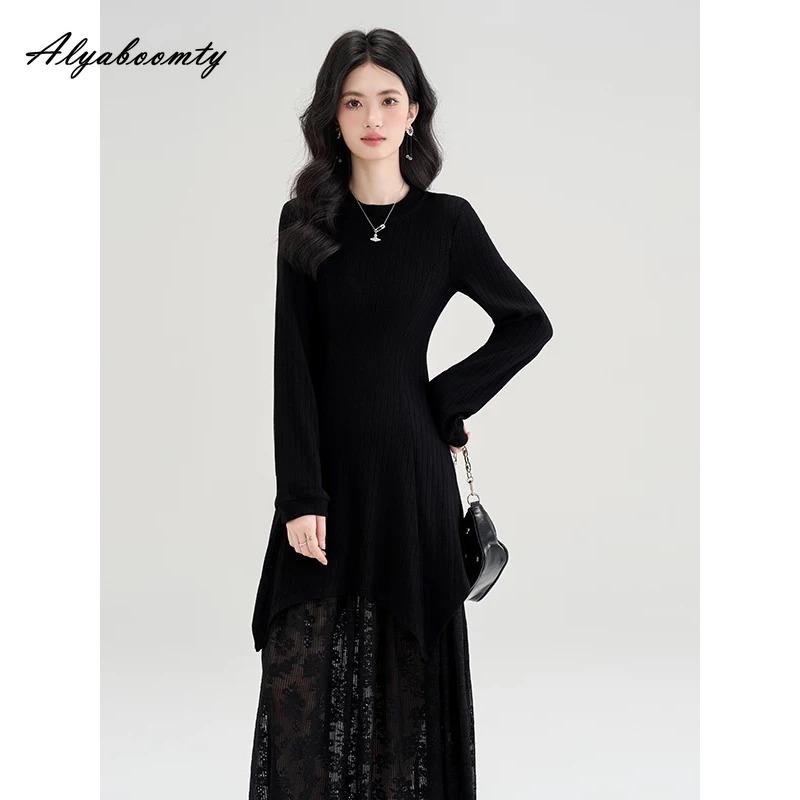 French Style Autumn Winter Women Maxi Long Dress Brief O Neck Knitting Lace Patchwork Dress Thick Warm Knitted Ruffles Feminine Dress
