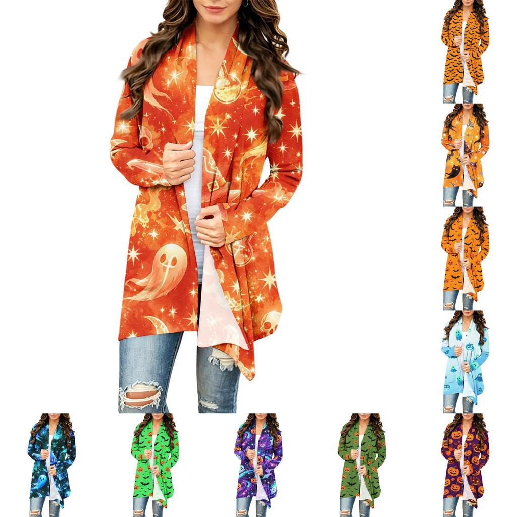 Damen Trendy Halloween-Print Langarm-Strickjacke Pullover für Lässige Herbstmode