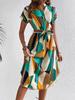 Women's Resort Style Color Block Dress with Belted Waist and Short Sleeves