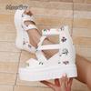 Fashion Floral Print Women Platform Sandals Black White PU Leather Women's Fish Mouth Back Zip Summer Footwear Sandalias De Mujer Size35