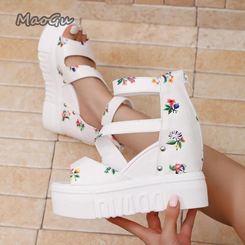 Fashion Floral Print Women Platform Sandals Black White PU Leather Women's Fish Mouth Back Zip Summer Footwear Sandalias De Mujer Size35