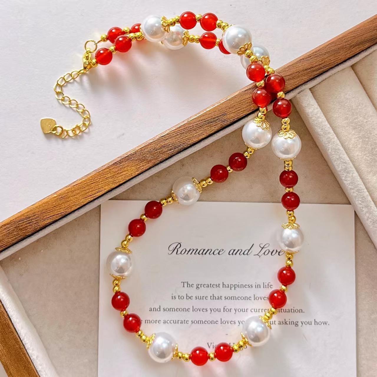 Vintage Design Natural Chalcedony Artificial Crystal Pearl Collarbone Chain Necklace