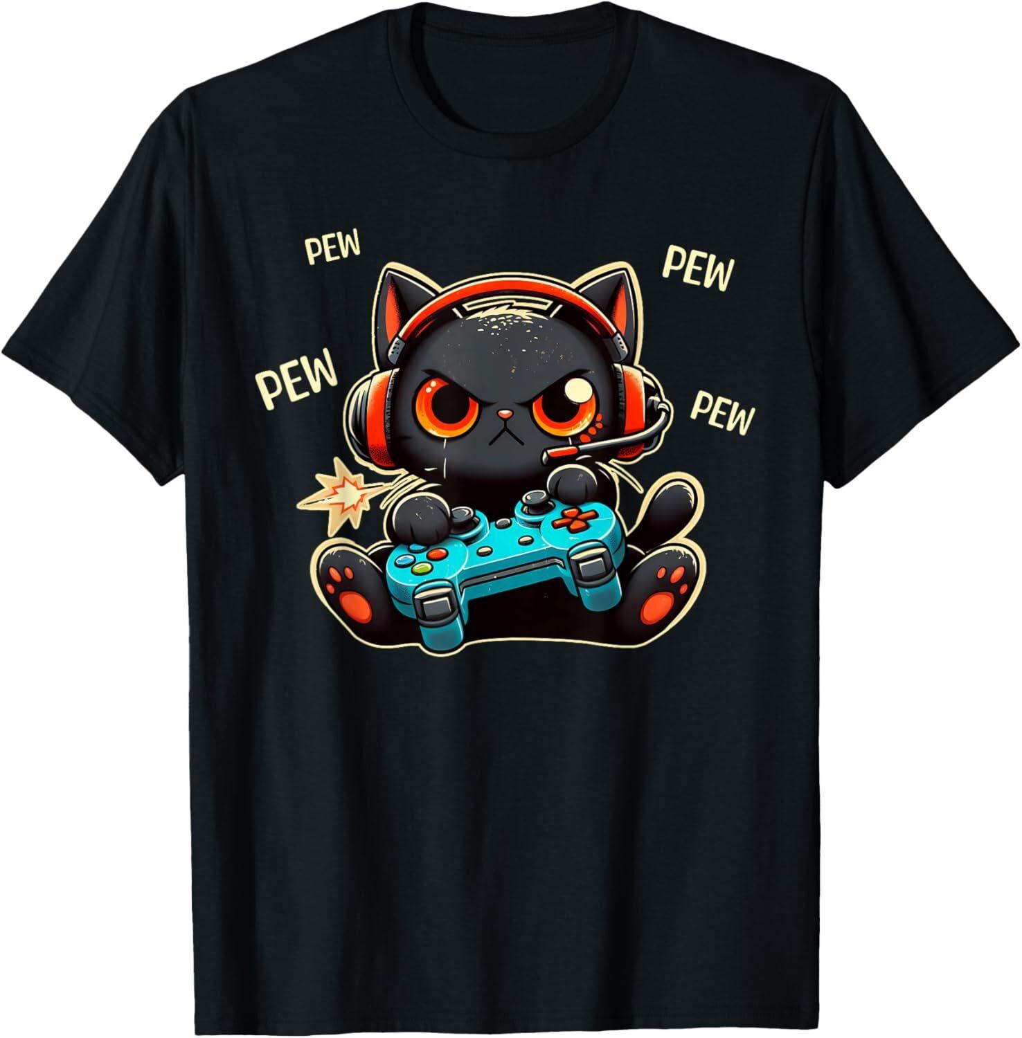 

Cute Gamer Cat Playing Video Game Pew Pew Anime Kitten Funny Gift Unisex T-Shirt 5XL різнокольоровий