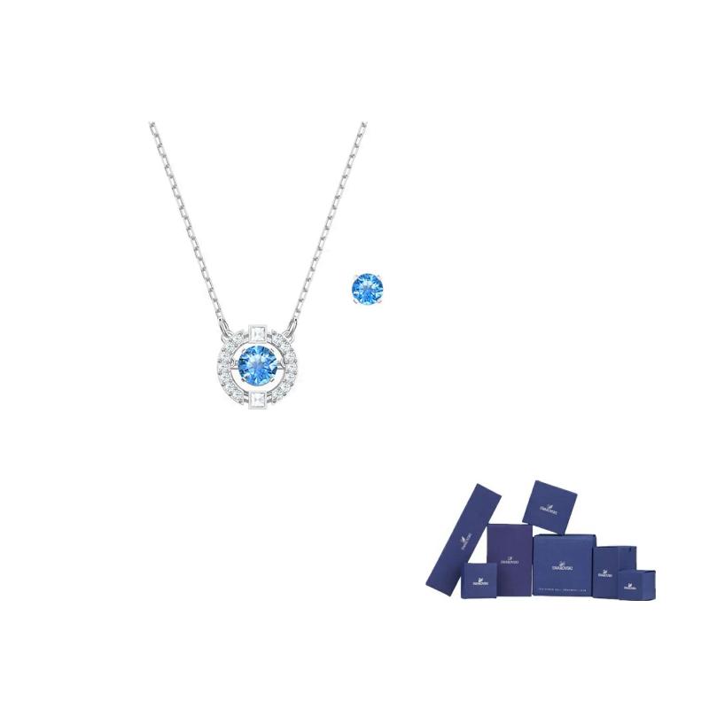 Swarovski Una Hoop Earrings Necklace Set Womens Blue/Plated White F-Original brand box (color random)