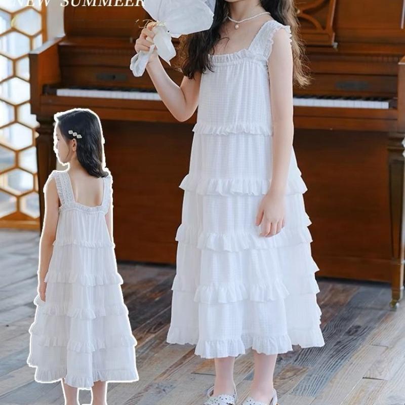 Girls' Fashionable Casual White Dress Summer Children's Elegant Tiered Dress