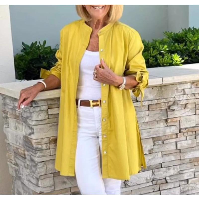 VEZFAA Kadın Modası Rahat İlkbahar Sonbahar Düz Renk Baskılı Uzun Kollu O-Yaka Bluzlar ve Gömlekler