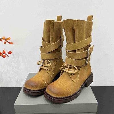 Vintage Suede Lace-Up Mid-Boots Women Fashion Design Rubbed Color Ankle Boots  Cross Belt Buckle Motorcycle Boots Female