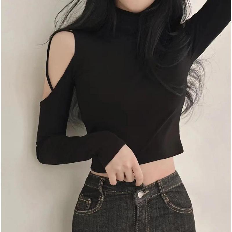 Sexy off Shoulder-topp Langermet, Tight, Hollow Out Høyhalset Underlag Kort T-skjorte Slim Fit