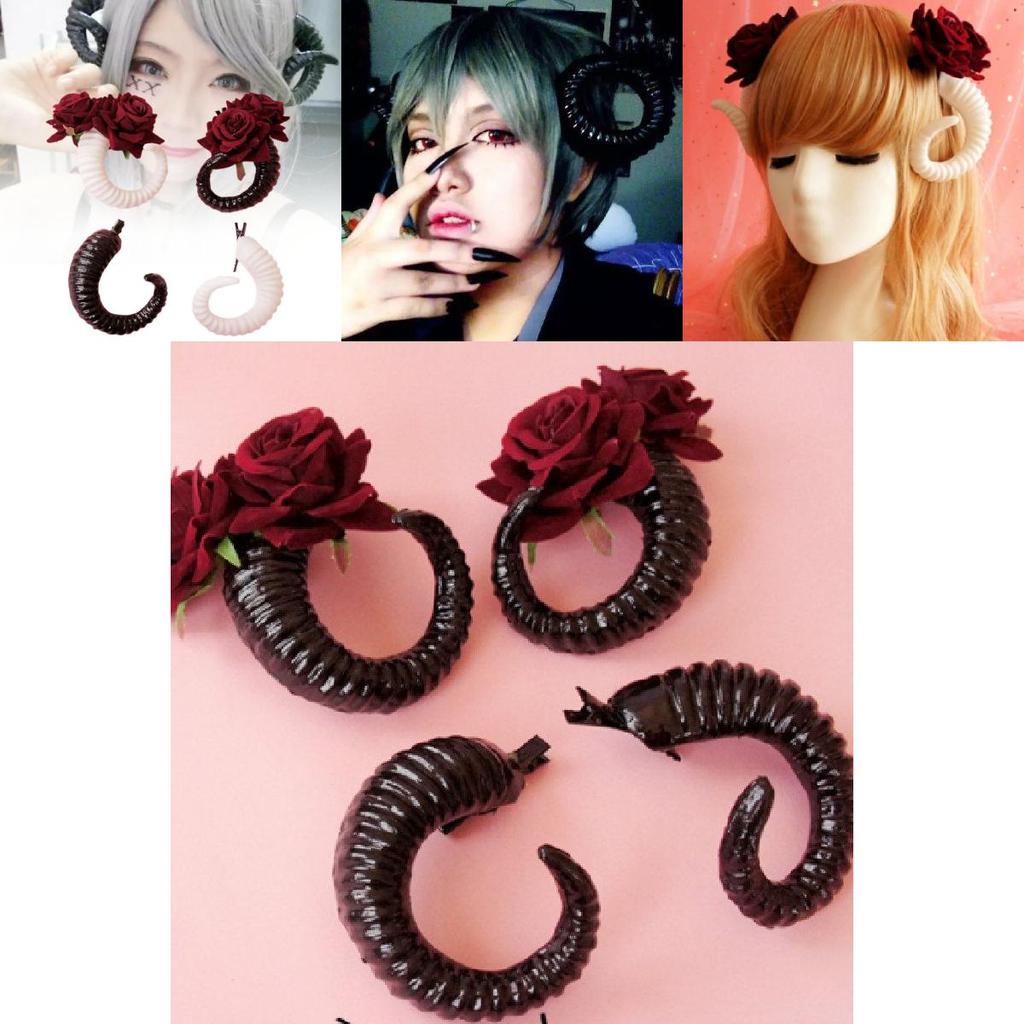 Chic Sheep Horn Hair Clips With Gorgeous White And Black Rose Accents For Fashion Lovers