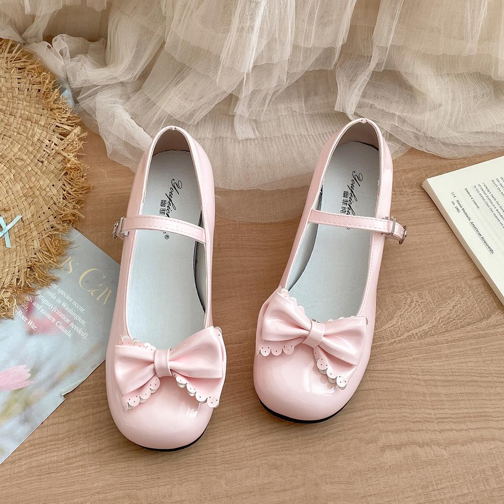 Mode Niedliche Schleife Damen Lolita Mary Jane Schuhe Prägnante Dicke Ferse Lederschuhe Damen Flache Pumps