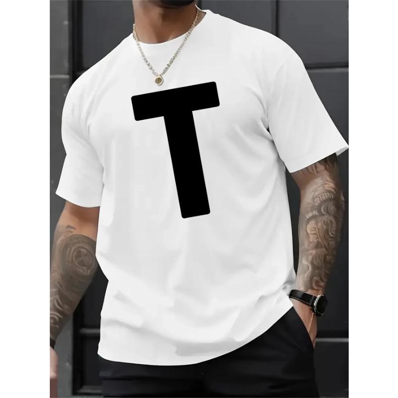 European sizes Men'S Fashion Printed Letter T, Summer Men'S Casual Street Style Elastic Round Neck T-Shirt