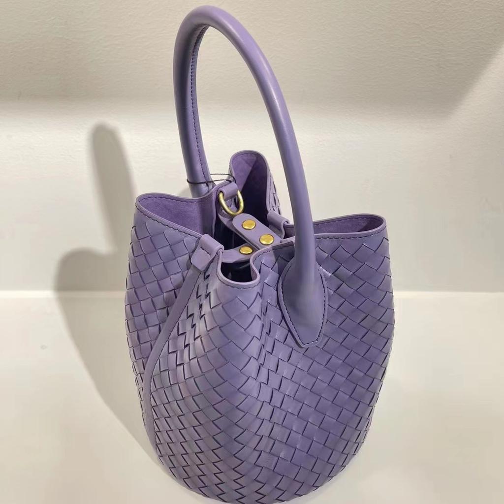 Neue gewebte Eimertasche aus Schaffell mit Nischenstruktur, Gemüsekorb, Handtasche aus echtem Leder, gewebte Umhängetasche