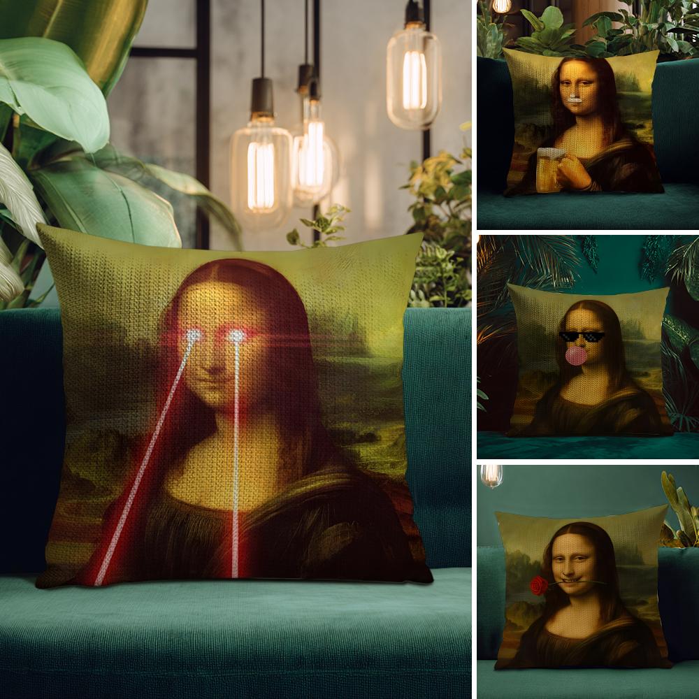Modern Art Funny Mona Lisa Cushion Cover Natural Linen Pillow Case DoubleSided Print Decorative Sofa Pillowcase Home Decor Gift