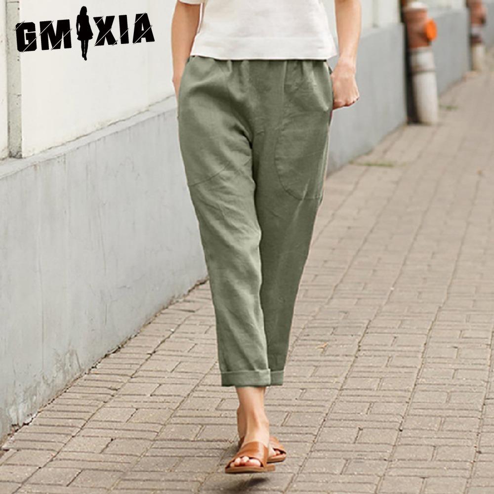 

GMXIA Women Summer Solid Color Double Pocket Trousers Loose Long Pants Female Cotton Linen Pants XXXXXL армия зеленый