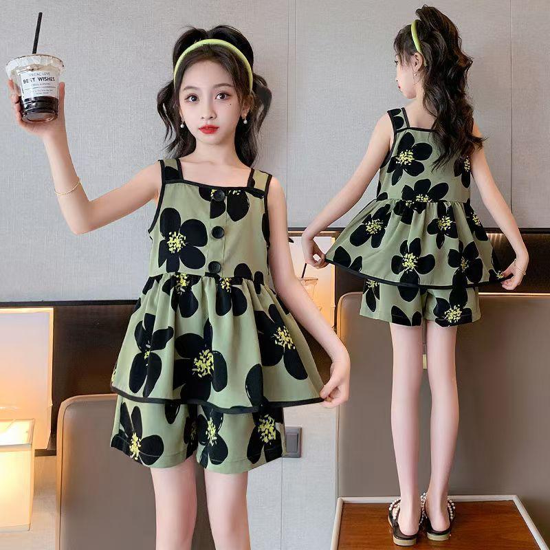 Girls' Summer Two-Piece Set New Fashionable Floral Dress For Children Short-Sleeved Shorts Outfit For Girls