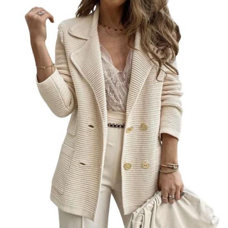 Women Fall Coat Long Sleeve Tweed Blazer Jacket Double Breasted Notched Lapel Ribbed Open Front with Pockets