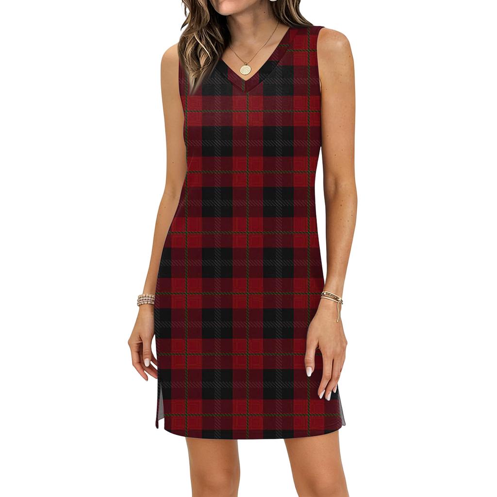 Women's Casual V-neck Sleeveless Split Hem Plaid Print Dress