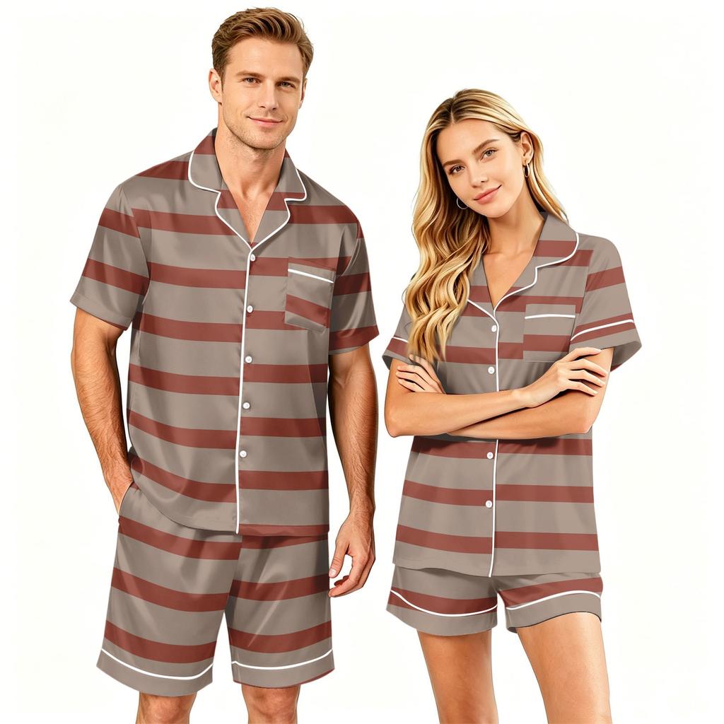 Couple Matching Pajama Set Short Sleeve Button Down Shirt with Hem and Shorts Set Soft Casual Sleepwear Available In Sizes S To XXXXL