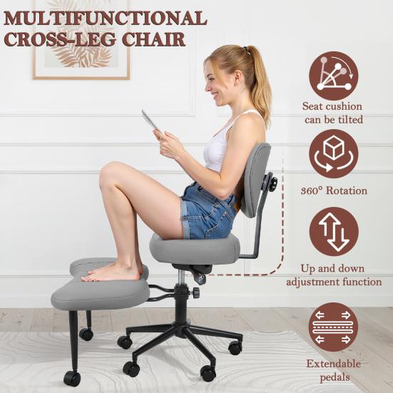 Silla de Oficina Giratoria Silla de Yoga, Meditación con Respaldo Ergonómico, Piernas Cruzadas Transpirable Cuero Sintético Ruedas, Arrodillado para Yoga en Casa, Ajustable