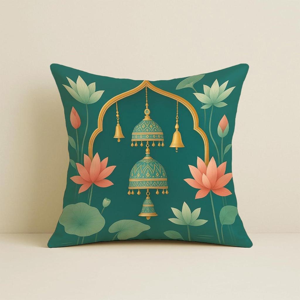 Satynowe poszewki na poduszki Zielony etniczny wzór ze sztuką krowy, lotosu i dzwonka, 16x16 cali (Pakiet 5)