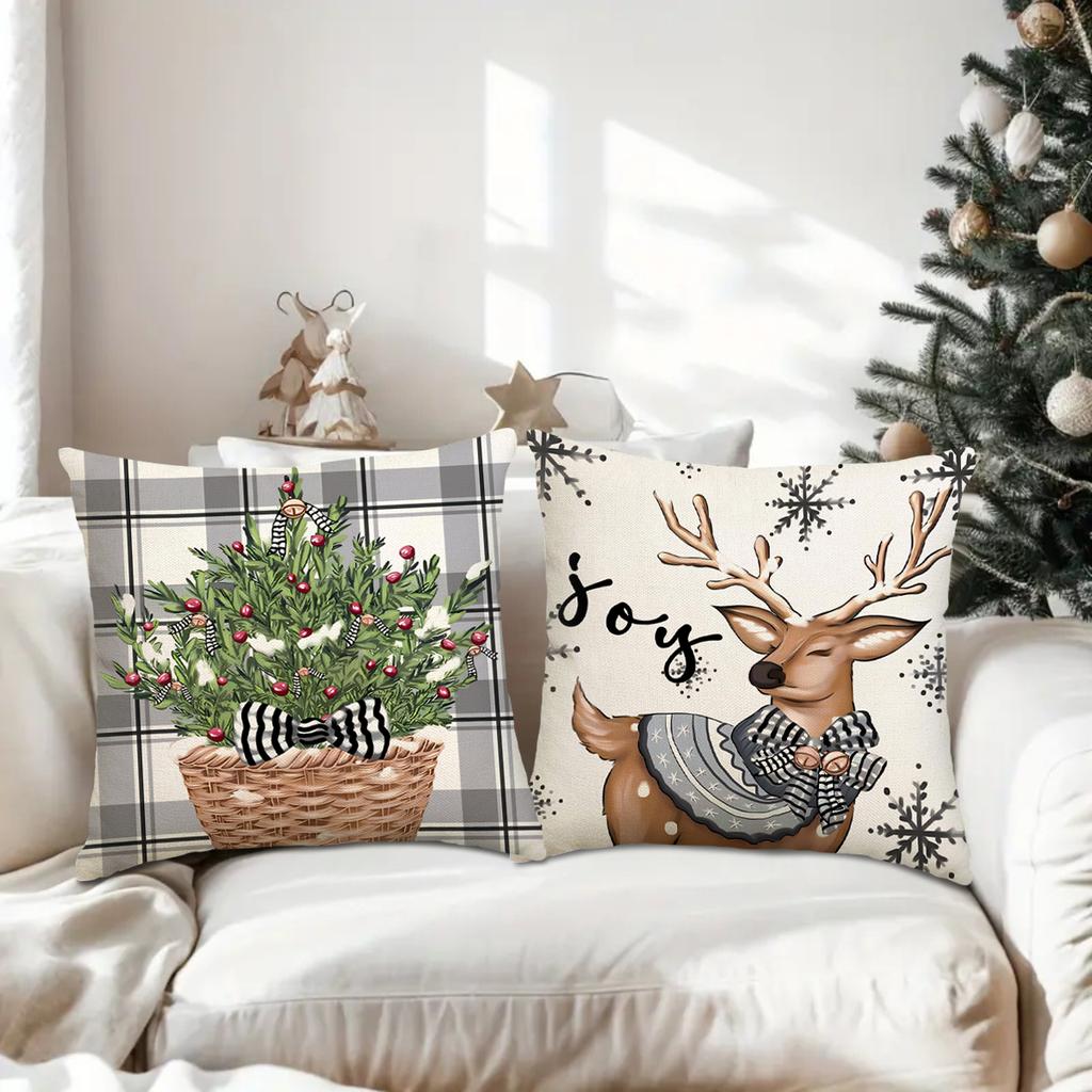 1 \ 4pcs gray Christmas snowman, Christmas reindeer print pillow cover, home sofa decoration cushion cover (without pillow core)