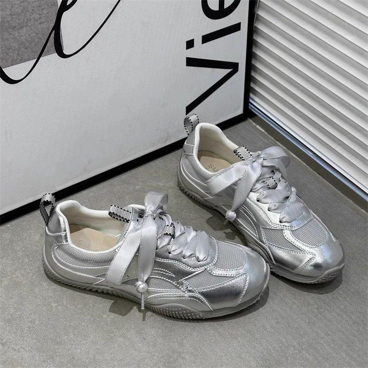 Fashion Riband Women's German Training Shoes Mix Order 2025 Summer Pearl Mesh Breathable Forrest Gump Shoes Soft Sole Silver and White