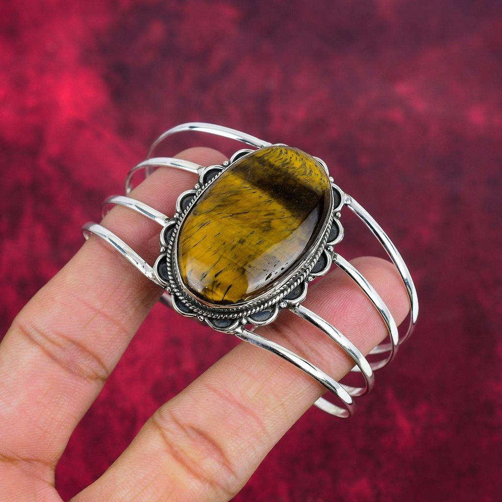 Tiger's Eye 925 Solid Sterling Silver Bangle, Handmade Gemstone Bangle, Gift For Mom Antique Jewelry