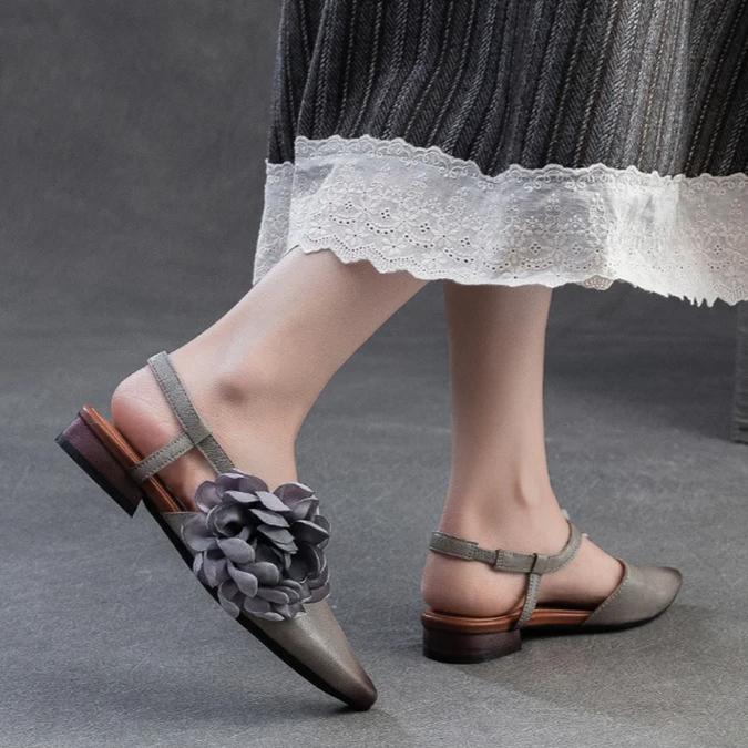 Johnature Genuine Leather French Flower Pointed Toe Sandals Retro Versatile Women's Low Heel Shoes