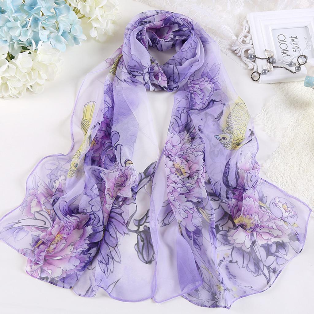 Four Seasons Thin Soft Chiffon Women Peony Flower Printing Beach Silky Georgette Scarf Shawls Long Wraps Beach Sunscreen Hijab