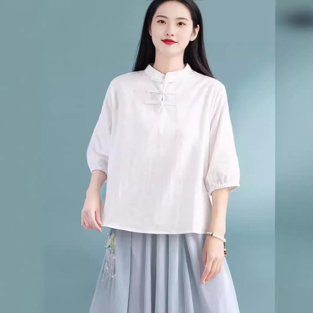 Spot summer new cotton and linen disc buckle loose top Chinese retro literary casual tea clothes five-point shirt