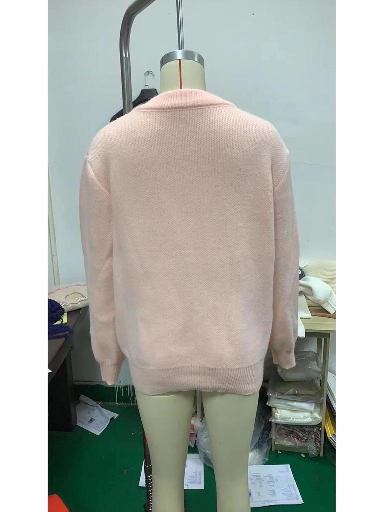 2024 Pink Sweet Round Neck Pullover Sweater - European & American Winter Style