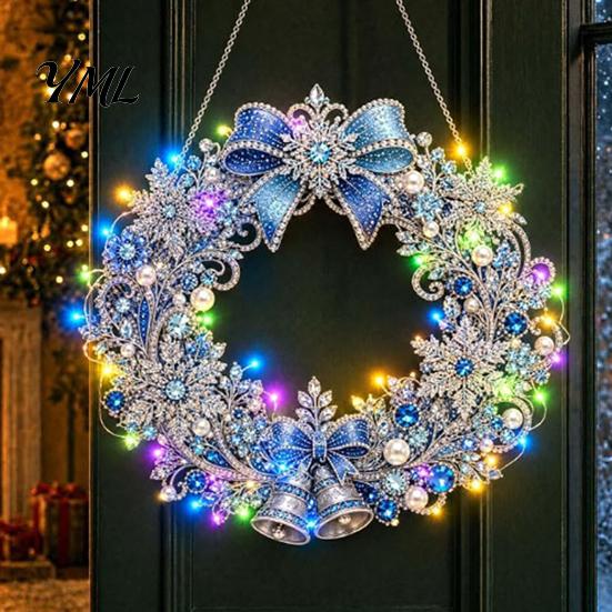 DIY Heimurlaubsdekoration Acryl Weihnachten Kunstperlen Aufhänge-Set, Beleuchteter Kranz 3D Perlen Bastelmalerei Set Kit mit LED-Lichterkette,