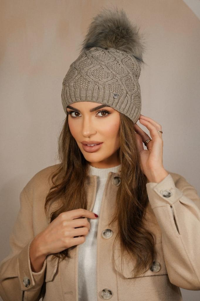 Lamis Eco-Friendly Pompom Hat, Dark Beige, Cameo
