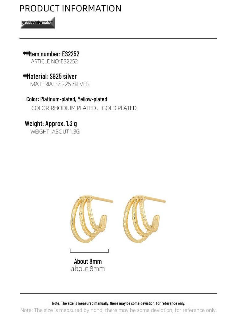 Banyan Tree S925 Silver Korean Trend Three-Layer C-Shaped Earrings - Simple, Elegant Style for Women